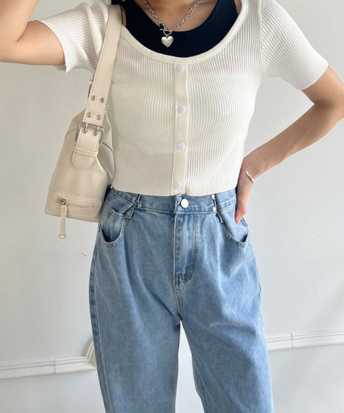 CLEA(クレア)の「レイヤードデザイン リブ半袖トップス(Tシャツ/カットソー・レディース・イエロー/ホワイト/アイボリー/ブラック・FREE)」の12枚目の写真