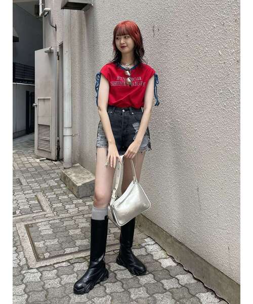 jouetie（ジュエティ）の「スタッズロゴショルダーリボン Tシャツ（Tシャツ/カットソー・レディース・ブラック/レッド/オフホワイト・MEDIUM）」の7枚目の写真