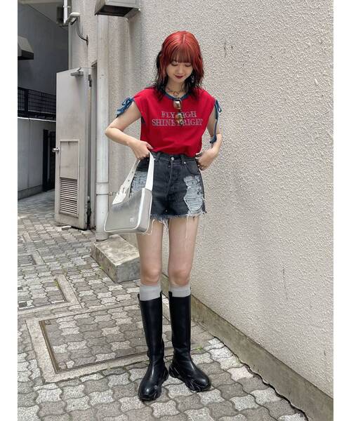 jouetie（ジュエティ）の「スタッズロゴショルダーリボン Tシャツ（Tシャツ/カットソー・レディース・ブラック/レッド/オフホワイト・MEDIUM）」の17枚目の写真