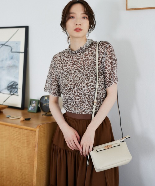 Andemiu(アンデミュウ)の「フルーレットプリントシアーT962803(Tシャツ/カットソー・レディース・ブラウン/イエロー/ブルー・FREE)」の1枚目の写真