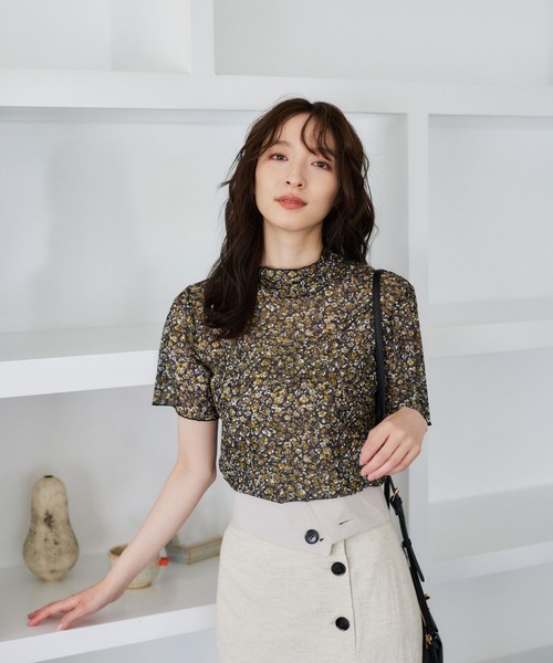 Andemiu(アンデミュウ)の「フルーレットプリントシアーT962803(Tシャツ/カットソー・レディース・ブラウン/イエロー/ブルー・FREE)」の4枚目の写真