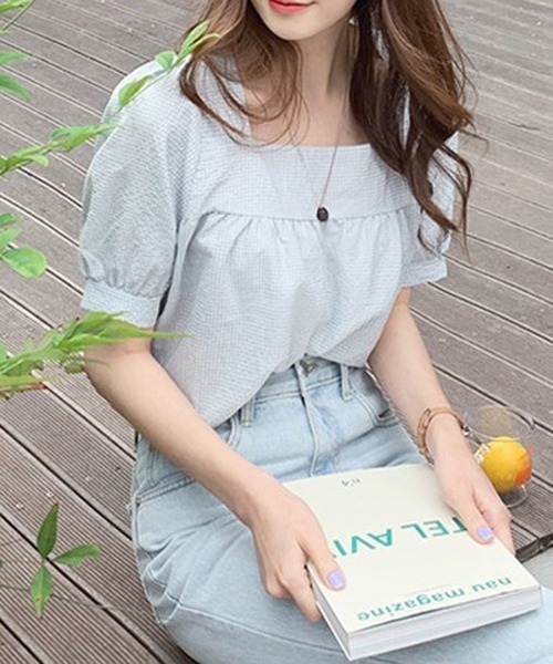 gossip!ロサンゼルス(ゴシップロサンゼルス)の「YUGA スクエアカラー シャツ(Tシャツ/カットソー・レディース・ライトグリーン/ブラック・FREE)」の9枚目の写真