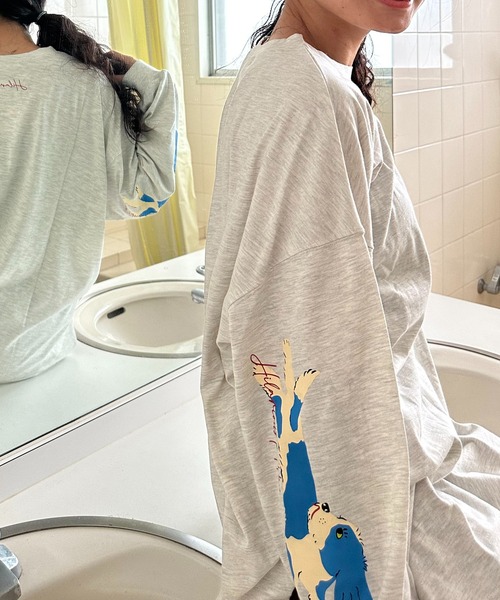 AS KNOW AS plus(アズノゥアズプラス)の「☆袖にもわんこ刺繍ロンT(Tシャツ/カットソー・レディース・オフホワイト/オートミール/スミクロ・FREE)」の6枚目の写真