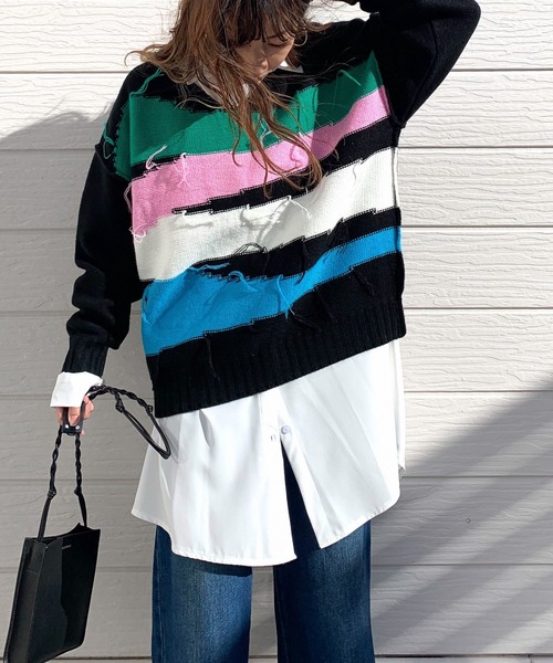 Q（キュー）の「4色ニュアンスカラーニット（ニット/セーター・レディース・ブラック/ホワイト・MEDIUM）」の9枚目の写真