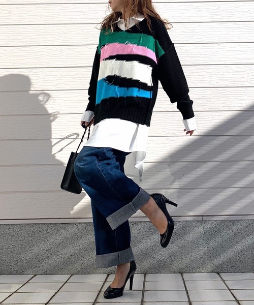 Q（キュー）の「4色ニュアンスカラーニット（ニット/セーター・レディース・ブラック/ホワイト・MEDIUM）」の12枚目の写真