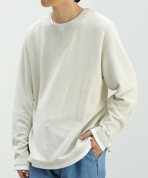 BEAMS HEART（ビームスハート）の「【ユニセックス】スリットネック フェイクレイヤー ロングスリーブ（Tシャツ/カットソー・メンズ・ネイビー/ナチュラル/オリーブ・L/M/XL/S）」の7枚目の写真