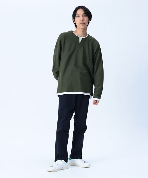 BEAMS HEART（ビームスハート）の「【ユニセックス】スリットネック フェイクレイヤー ロングスリーブ（Tシャツ/カットソー・メンズ・ネイビー/ナチュラル/オリーブ・L/M/XL/S）」の8枚目の写真