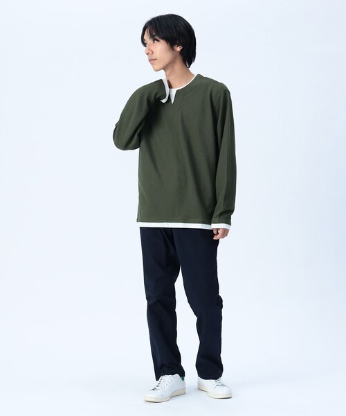 BEAMS HEART（ビームスハート）の「【ユニセックス】スリットネック フェイクレイヤー ロングスリーブ（Tシャツ/カットソー・メンズ・ネイビー/ナチュラル/オリーブ・L/M/XL/S）」の9枚目の写真