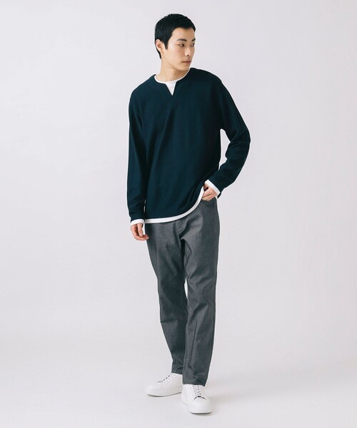 BEAMS HEART（ビームスハート）の「【ユニセックス】スリットネック フェイクレイヤー ロングスリーブ（Tシャツ/カットソー・メンズ・ネイビー/ナチュラル/オリーブ・L/M/XL/S）」の12枚目の写真