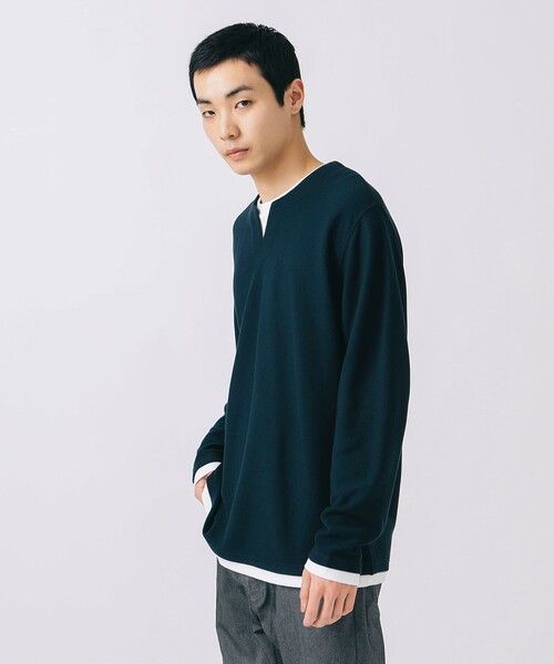 BEAMS HEART（ビームスハート）の「【ユニセックス】スリットネック フェイクレイヤー ロングスリーブ（Tシャツ/カットソー・メンズ・ネイビー/ナチュラル/オリーブ・L/M/XL/S）」の14枚目の写真