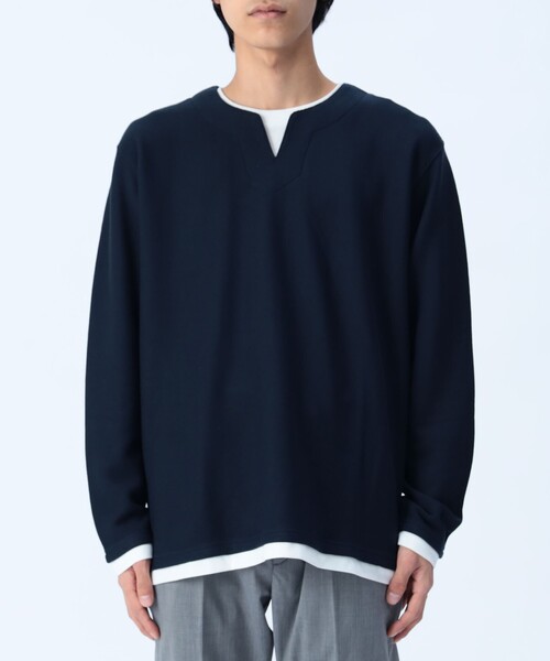 BEAMS HEART（ビームスハート）の「【ユニセックス】スリットネック フェイクレイヤー ロングスリーブ（Tシャツ/カットソー・メンズ・ネイビー/ナチュラル/オリーブ・L/M/XL/S）」の20枚目の写真