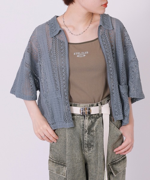 DOUBLE NAME(ダブルネーム)の「レースZIP半袖シャツジャケット(その他アウター・レディース・ブラック/オフホワイト/ブルー・FREE)」の3枚目の写真