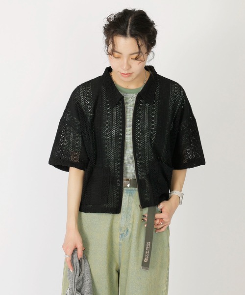 DOUBLE NAME(ダブルネーム)の「レースZIP半袖シャツジャケット(その他アウター・レディース・ブラック/オフホワイト/ブルー・FREE)」の4枚目の写真