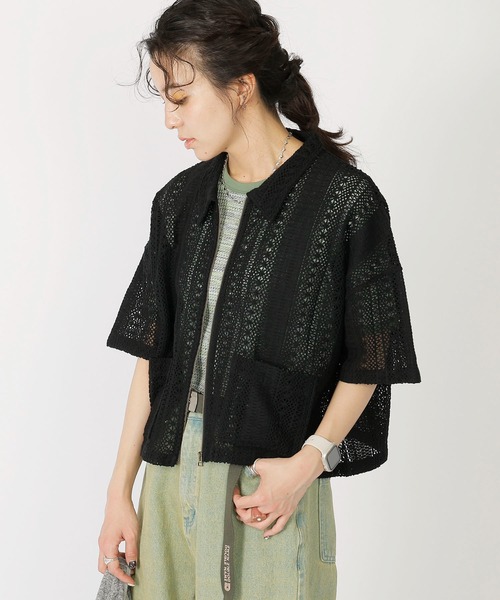 DOUBLE NAME(ダブルネーム)の「レースZIP半袖シャツジャケット(その他アウター・レディース・ブラック/オフホワイト/ブルー・FREE)」の5枚目の写真