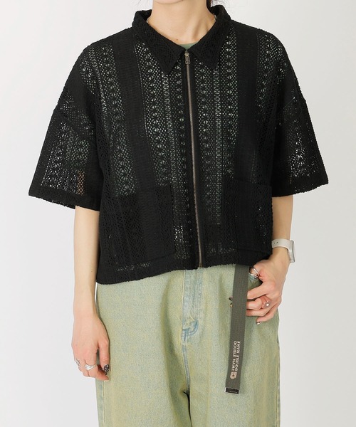 DOUBLE NAME(ダブルネーム)の「レースZIP半袖シャツジャケット(その他アウター・レディース・ブラック/オフホワイト/ブルー・FREE)」の11枚目の写真