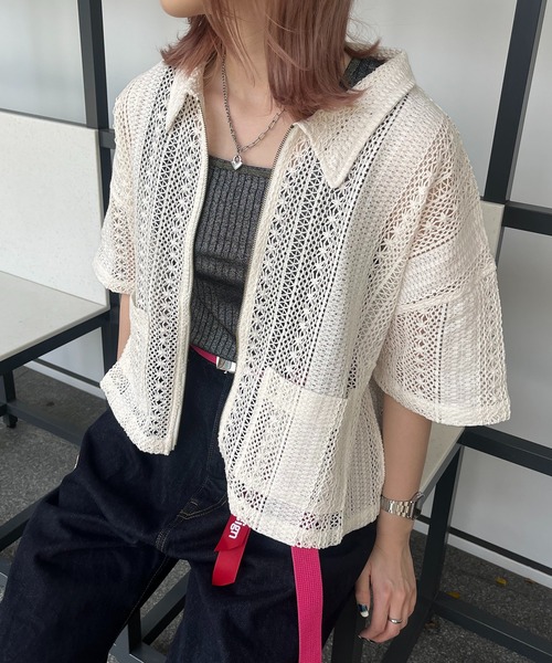 DOUBLE NAME(ダブルネーム)の「レースZIP半袖シャツジャケット(その他アウター・レディース・ブラック/オフホワイト/ブルー・FREE)」の21枚目の写真