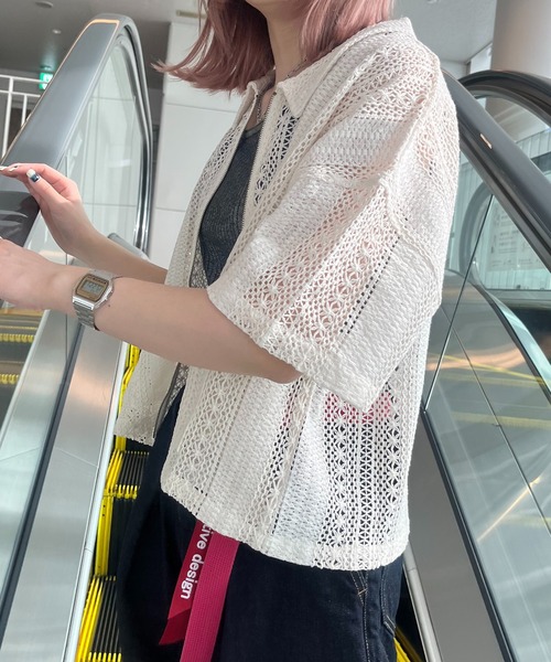DOUBLE NAME(ダブルネーム)の「レースZIP半袖シャツジャケット(その他アウター・レディース・ブラック/オフホワイト/ブルー・FREE)」の20枚目の写真