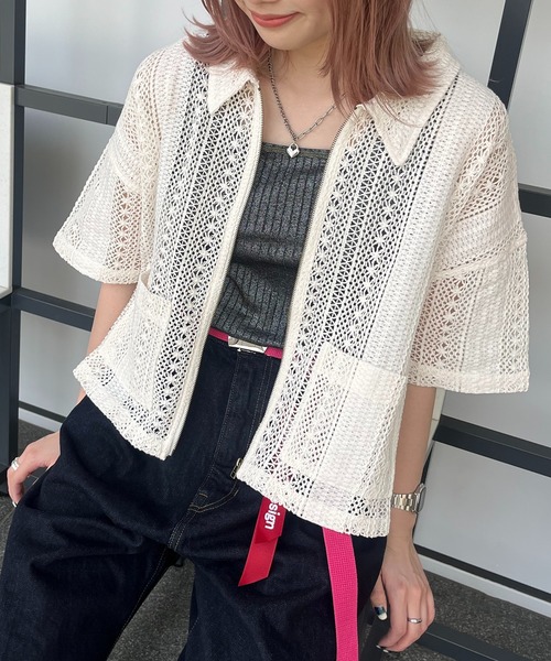 DOUBLE NAME(ダブルネーム)の「レースZIP半袖シャツジャケット(その他アウター・レディース・ブラック/オフホワイト/ブルー・FREE)」の22枚目の写真