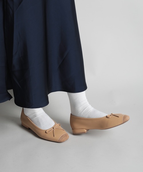 shoes365(シューズスリーシックスファイヴ)の「【shoes365】リボンパッチワークバレエシューズ(バレエシューズ・レディース・ライトグリーン/ベージュ・22.5cm/23.0cm/23.5cm/24.0cm/24.5cm/25.0cm)」の1枚目の写真