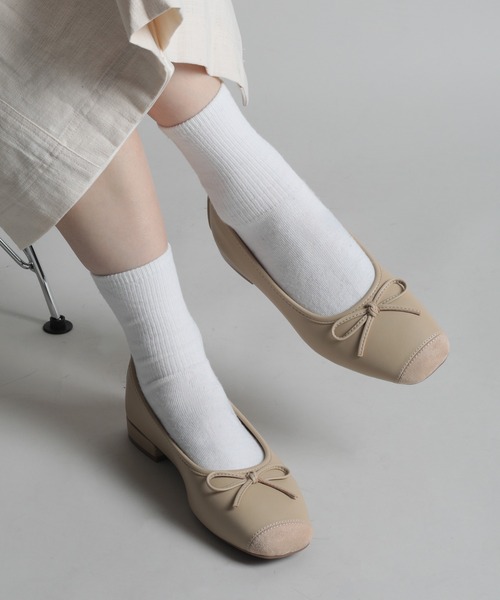 shoes365(シューズスリーシックスファイヴ)の「【shoes365】リボンパッチワークバレエシューズ(バレエシューズ・レディース・ライトグリーン/ベージュ・22.5cm/23.0cm/23.5cm/24.0cm/24.5cm/25.0cm)」の2枚目の写真