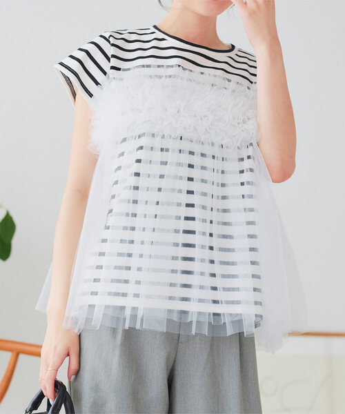 KOBE LETTUCE(コウベレタス)の「チュールビスチェドッキングTシャツ(Tシャツ/カットソー・レディース・ピンク/チャコール/ホワイト×ブラック/オフホワイト・M)」の3枚目の写真