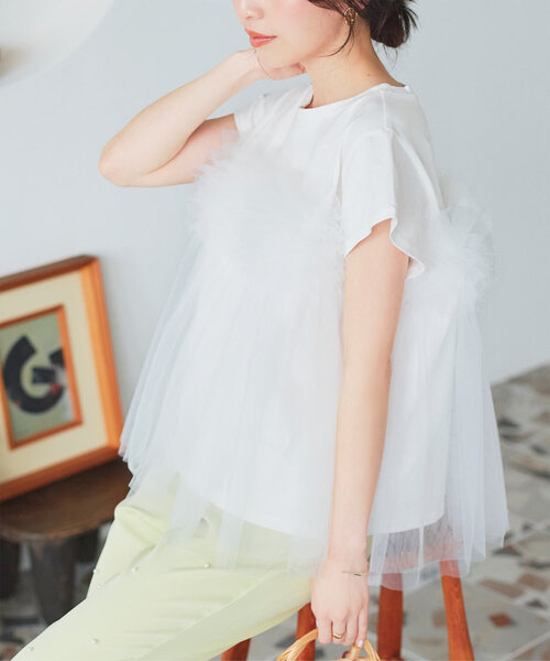 KOBE LETTUCE(コウベレタス)の「チュールビスチェドッキングTシャツ(Tシャツ/カットソー・レディース・ピンク/チャコール/ホワイト×ブラック/オフホワイト・M)」の2枚目の写真