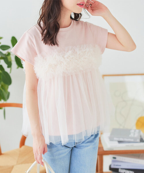 KOBE LETTUCE(コウベレタス)の「チュールビスチェドッキングTシャツ(Tシャツ/カットソー・レディース・ピンク/チャコール/ホワイト×ブラック/オフホワイト・M)」の1枚目の写真