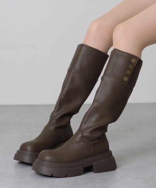 レザー調 サイドボタン 厚底 ラウンド ロング ブーツ（ブーツ