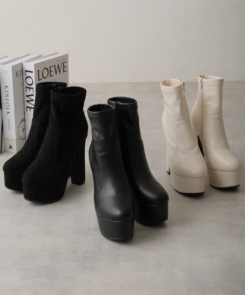 DEMETER（デメテル）の「【13.5cmヒール】厚底 ハイヒール ストレッチブーツ（ブーツ・レディース・ブラック系その他/オフホワイト/ブラック・S/M/L/LL）」の2枚目の写真