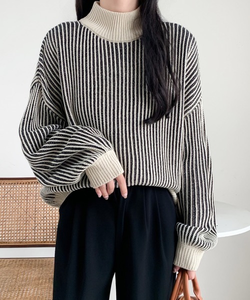 ABITOKYO(アビトーキョー)の「ボリュウーム袖ストライプ柄ハイネックニットプルオーバー(ニット/セーター・レディース・ブラック/マスタード/ベージュ・FREE)」の20枚目の写真