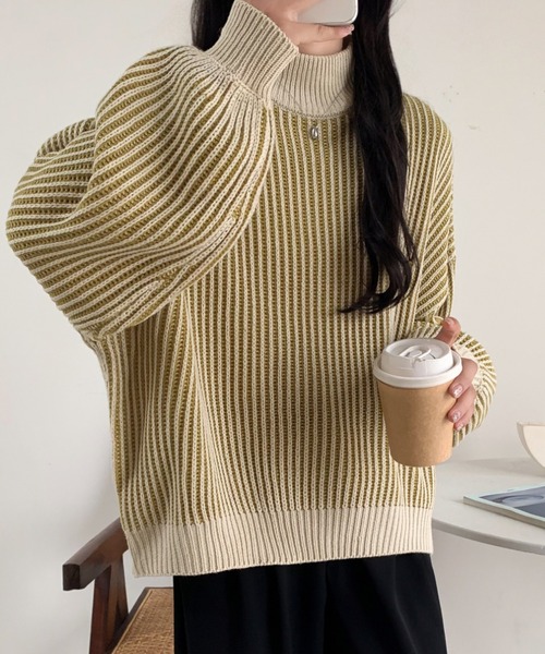 ABITOKYO(アビトーキョー)の「ボリュウーム袖ストライプ柄ハイネックニットプルオーバー(ニット/セーター・レディース・ブラック/マスタード/ベージュ・FREE)」の5枚目の写真
