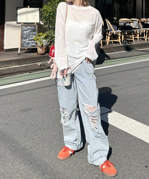 Alley Tokyo(アリートーキョー)の「スラブシアーカットロンTロング(Tシャツ/カットソー・レディース・ライム/サックスブルー系/ピンク/ホワイト/ブラック・FREE)」の6枚目の写真