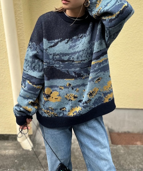 mi via loca（ミヴィアロカ）の「Vintageライク ダブルジャガード ランドスケープ柄ニット（ニット/セーター・レディース・ネイビー/アイボリー・FREE）」の22枚目の写真