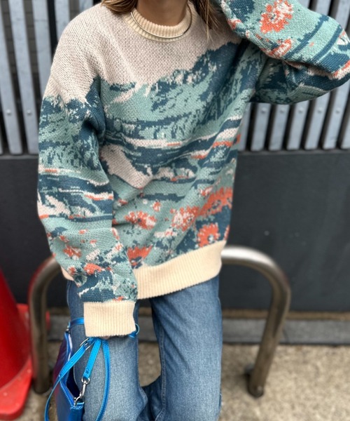 mi via loca（ミヴィアロカ）の「Vintageライク ダブルジャガード ランドスケープ柄ニット（ニット/セーター・レディース・ネイビー/アイボリー・FREE）」の18枚目の写真