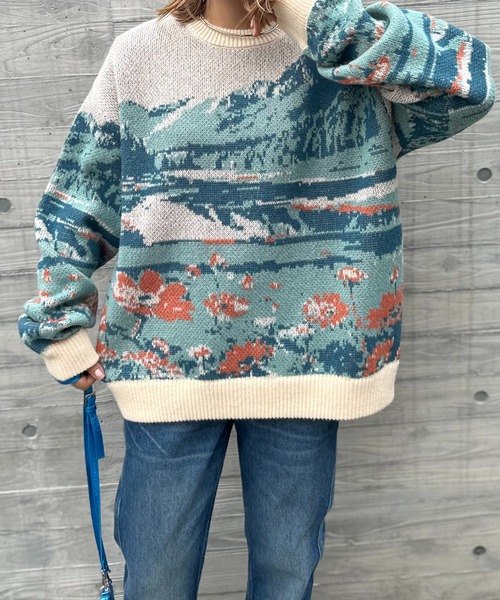 mi via loca（ミヴィアロカ）の「Vintageライク ダブルジャガード ランドスケープ柄ニット（ニット/セーター・レディース・ネイビー/アイボリー・FREE）」の4枚目の写真