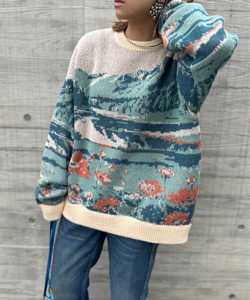 mi via loca（ミヴィアロカ）の「Vintageライク ダブルジャガード ランドスケープ柄ニット（ニット/セーター・レディース・ネイビー/アイボリー・FREE）」の9枚目の写真