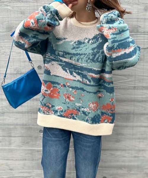 mi via loca（ミヴィアロカ）の「Vintageライク ダブルジャガード ランドスケープ柄ニット（ニット/セーター・レディース・ネイビー/アイボリー・FREE）」の3枚目の写真