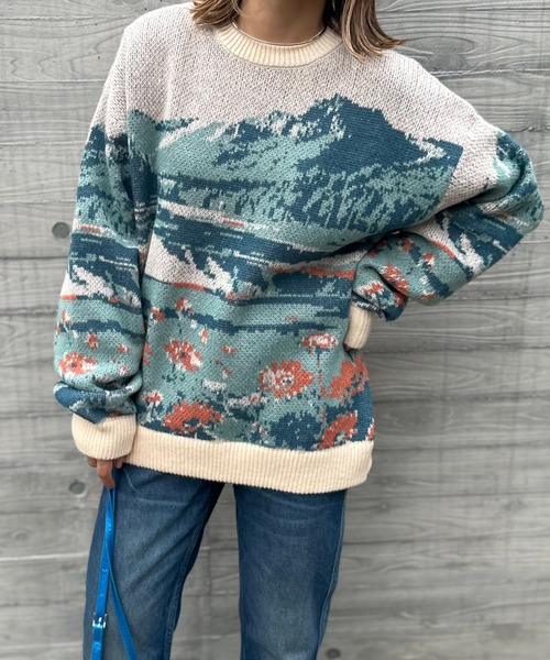 アイスランド製 ビンテージ 総柄 ウール シャギー ニット M ネイビー 総柄シャギーニット[品番：AZLW0021501]｜AZUL BY MOUSSY（アズール