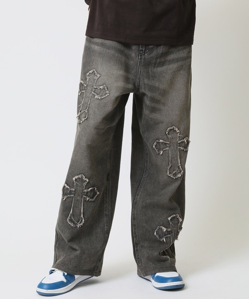 ユーズド加工 クロス スター オーバーダイ ワイドジーンズ ワイドデニムパンツ（デニムパンツ）｜ARCADE（アーケード）