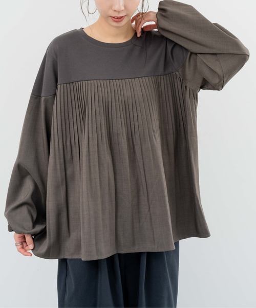 refinedworks(リファインドワークス)の「【refinedworks】カットソーと布帛の異素材ミックスプルオーバー!(Tシャツ/カットソー・レディース・ベージュ/ブラウン/チャコールグレー・FREE)」の4枚目の写真