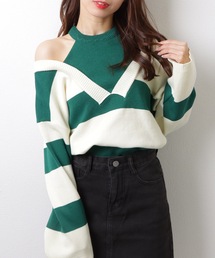 フェイクレイヤード ドロップショルダー ボーダー ハイネック ニット トップス