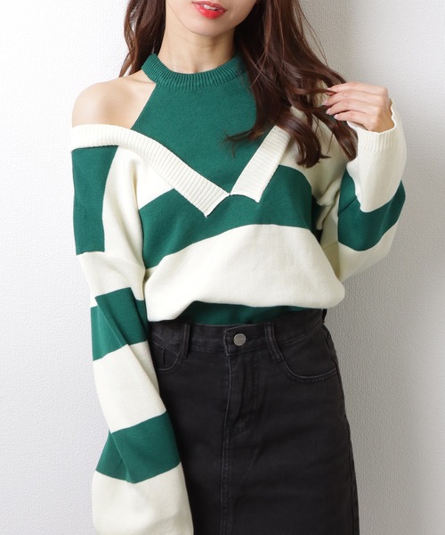 Lace Ladies(レースレディース)の「フェイクレイヤード ドロップショルダー ボーダー ハイネック ニット トップス(ニット/セーター・レディース・グリーン/ベージュ/ブラック・FREE)」の3枚目の写真