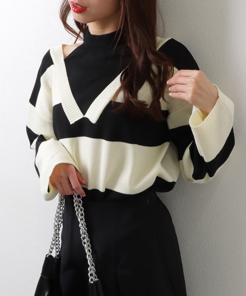 Lace Ladies(レースレディース)の「フェイクレイヤード ドロップショルダー ボーダー ハイネック ニット トップス(ニット/セーター・レディース・グリーン/ベージュ/ブラック・FREE)」の5枚目の写真
