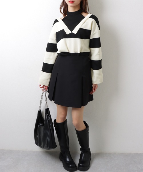 Lace Ladies(レースレディース)の「フェイクレイヤード ドロップショルダー ボーダー ハイネック ニット トップス(ニット/セーター・レディース・グリーン/ベージュ/ブラック・FREE)」の6枚目の写真