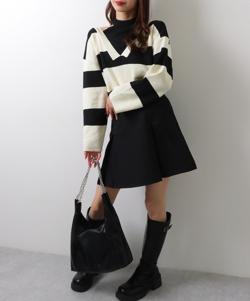 Lace Ladies(レースレディース)の「フェイクレイヤード ドロップショルダー ボーダー ハイネック ニット トップス(ニット/セーター・レディース・グリーン/ベージュ/ブラック・FREE)」の7枚目の写真