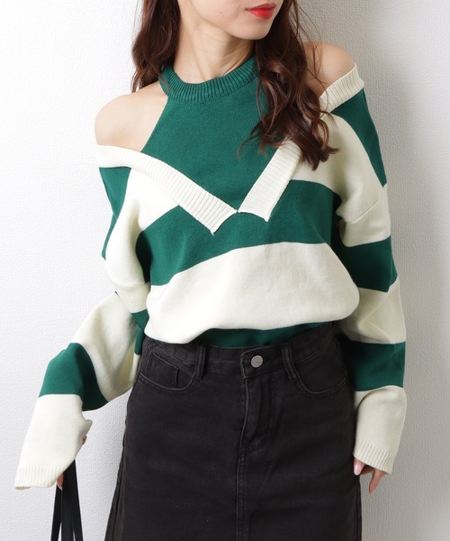 Lace Ladies(レースレディース)の「フェイクレイヤード ドロップショルダー ボーダー ハイネック ニット トップス(ニット/セーター・レディース・グリーン/ベージュ/ブラック・FREE)」の9枚目の写真