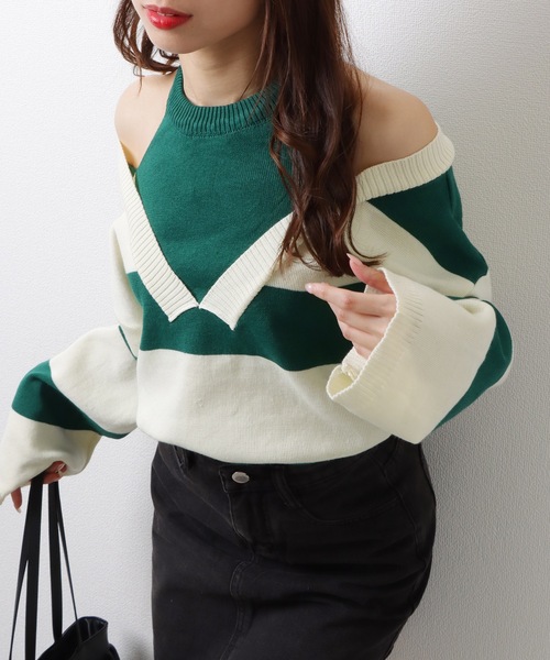 Lace Ladies(レースレディース)の「フェイクレイヤード ドロップショルダー ボーダー ハイネック ニット トップス(ニット/セーター・レディース・グリーン/ベージュ/ブラック・FREE)」の10枚目の写真