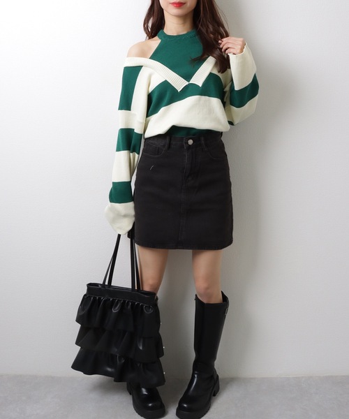 Lace Ladies(レースレディース)の「フェイクレイヤード ドロップショルダー ボーダー ハイネック ニット トップス(ニット/セーター・レディース・グリーン/ベージュ/ブラック・FREE)」の11枚目の写真