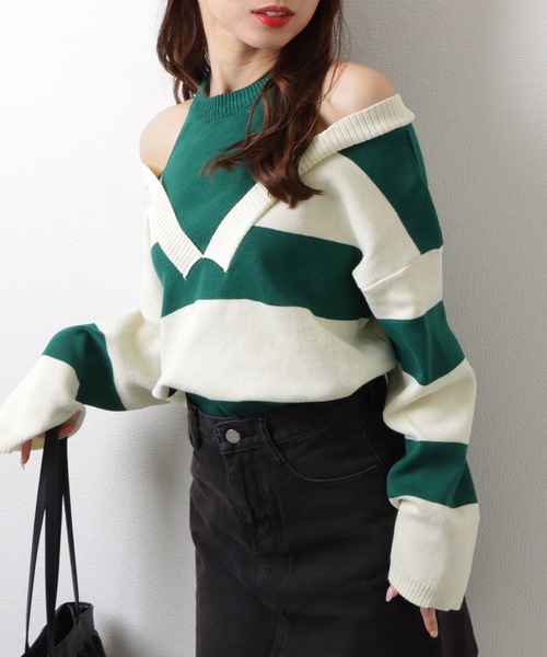 Lace Ladies(レースレディース)の「フェイクレイヤード ドロップショルダー ボーダー ハイネック ニット トップス(ニット/セーター・レディース・グリーン/ベージュ/ブラック・FREE)」の12枚目の写真