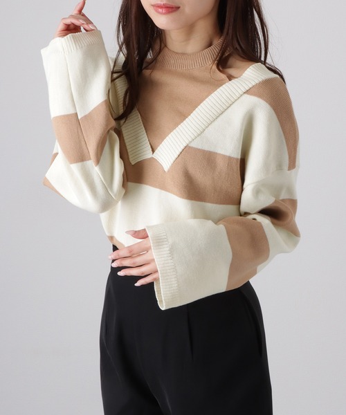 Lace Ladies(レースレディース)の「フェイクレイヤード ドロップショルダー ボーダー ハイネック ニット トップス(ニット/セーター・レディース・グリーン/ベージュ/ブラック・FREE)」の14枚目の写真